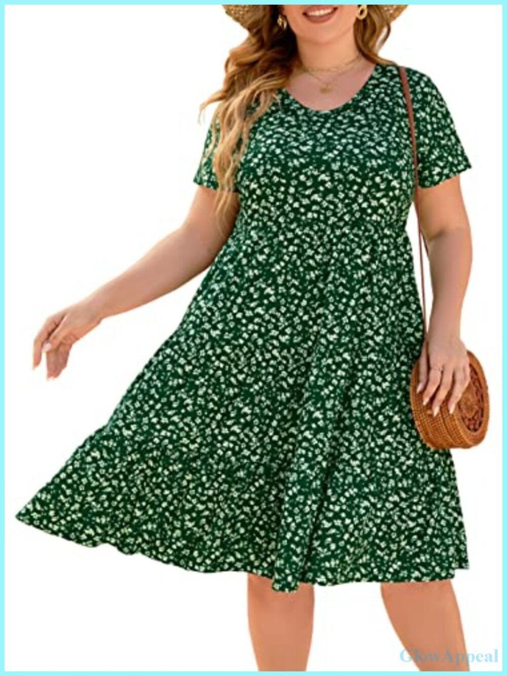 Plus Size Floral Midi Dress Scoop Neck Short Sleeve A-Line